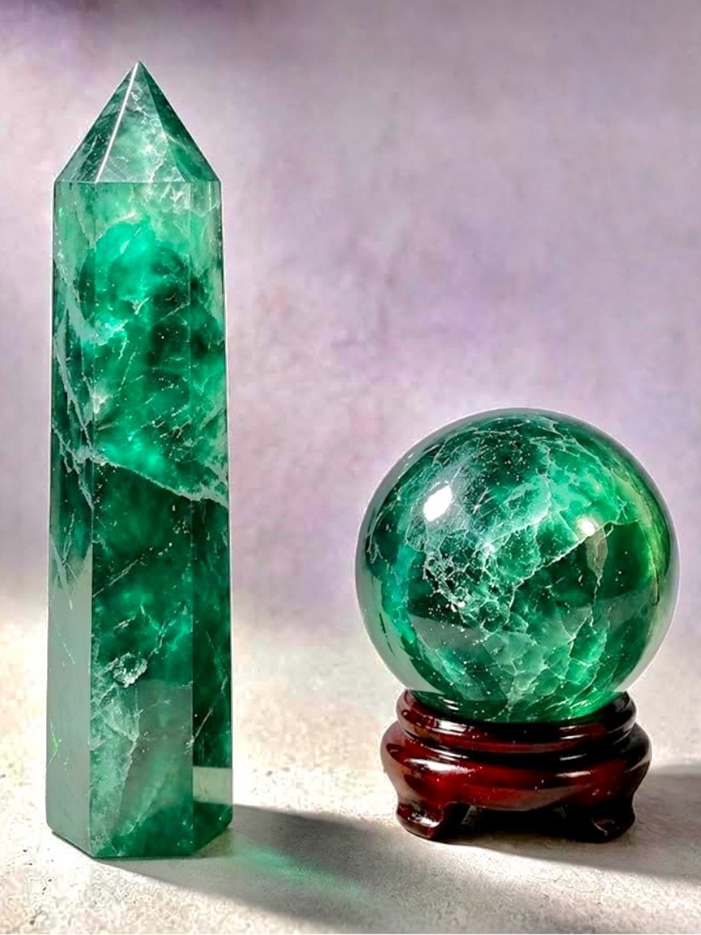 Green Fluorite Obelisk and Sphere Set
